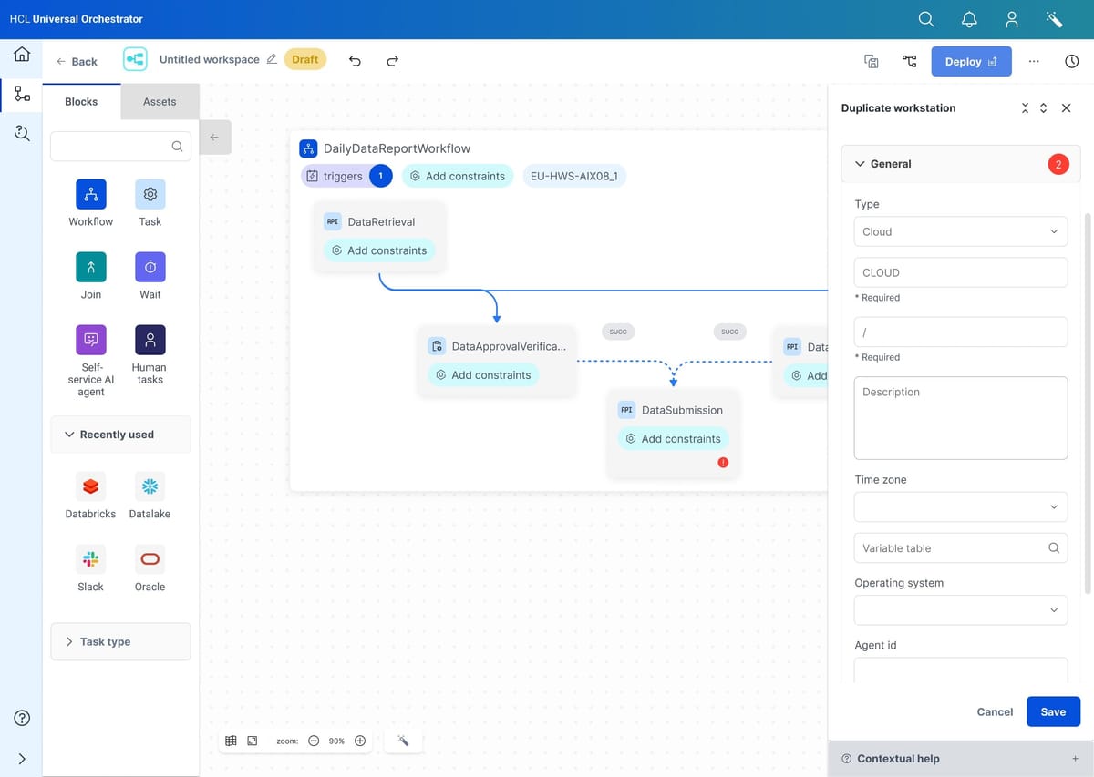 Universal Orchestrator: the same job as a visual workflow of connected blocks with constraints and a workstation panel