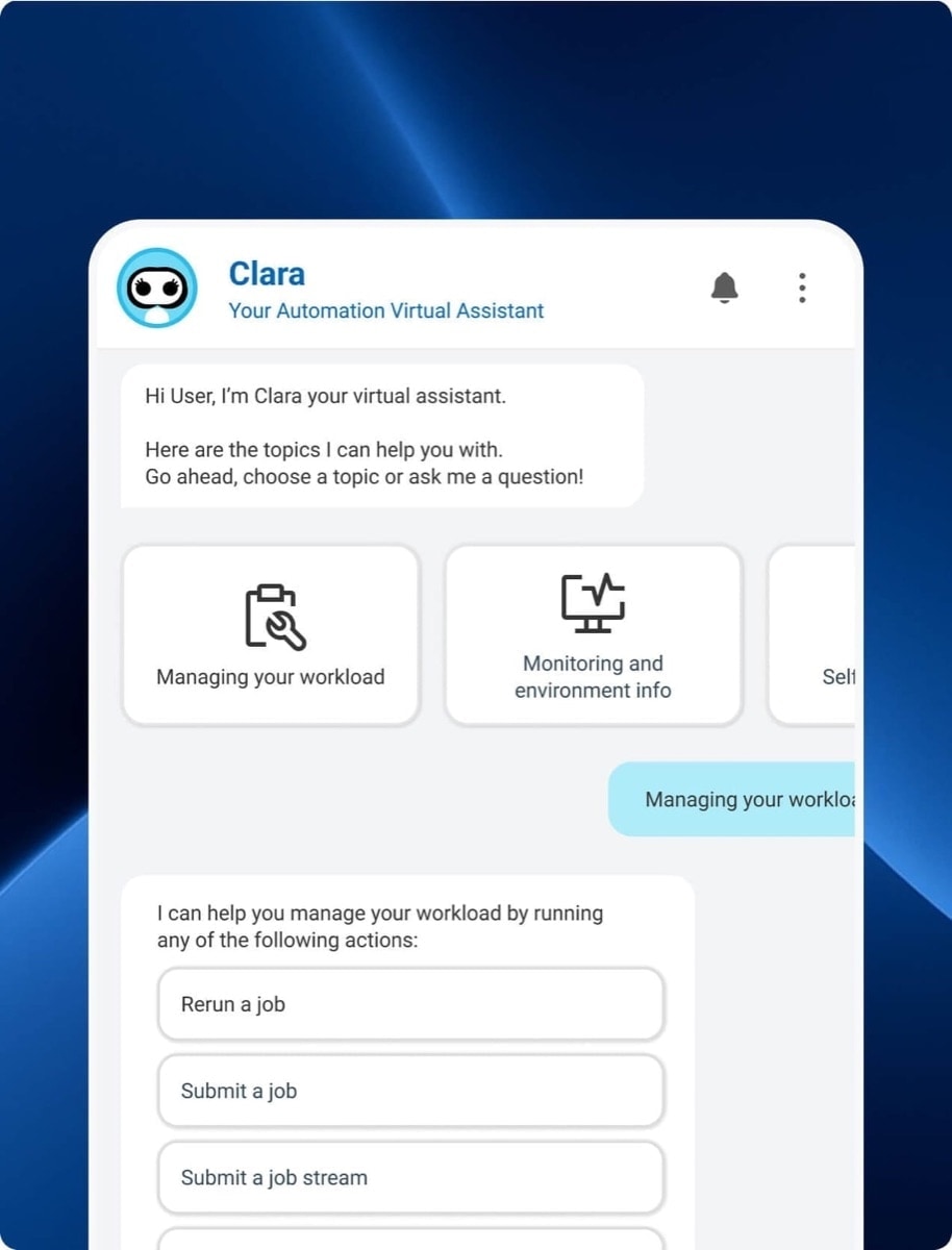 The shipped Clara interface: topic cards for managing workload and monitoring, with quick job actions in the chat