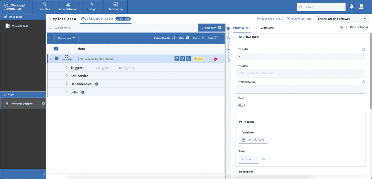 The legacy HCL Workload Automation interface: dense tables, folders and forms for defining a job stream