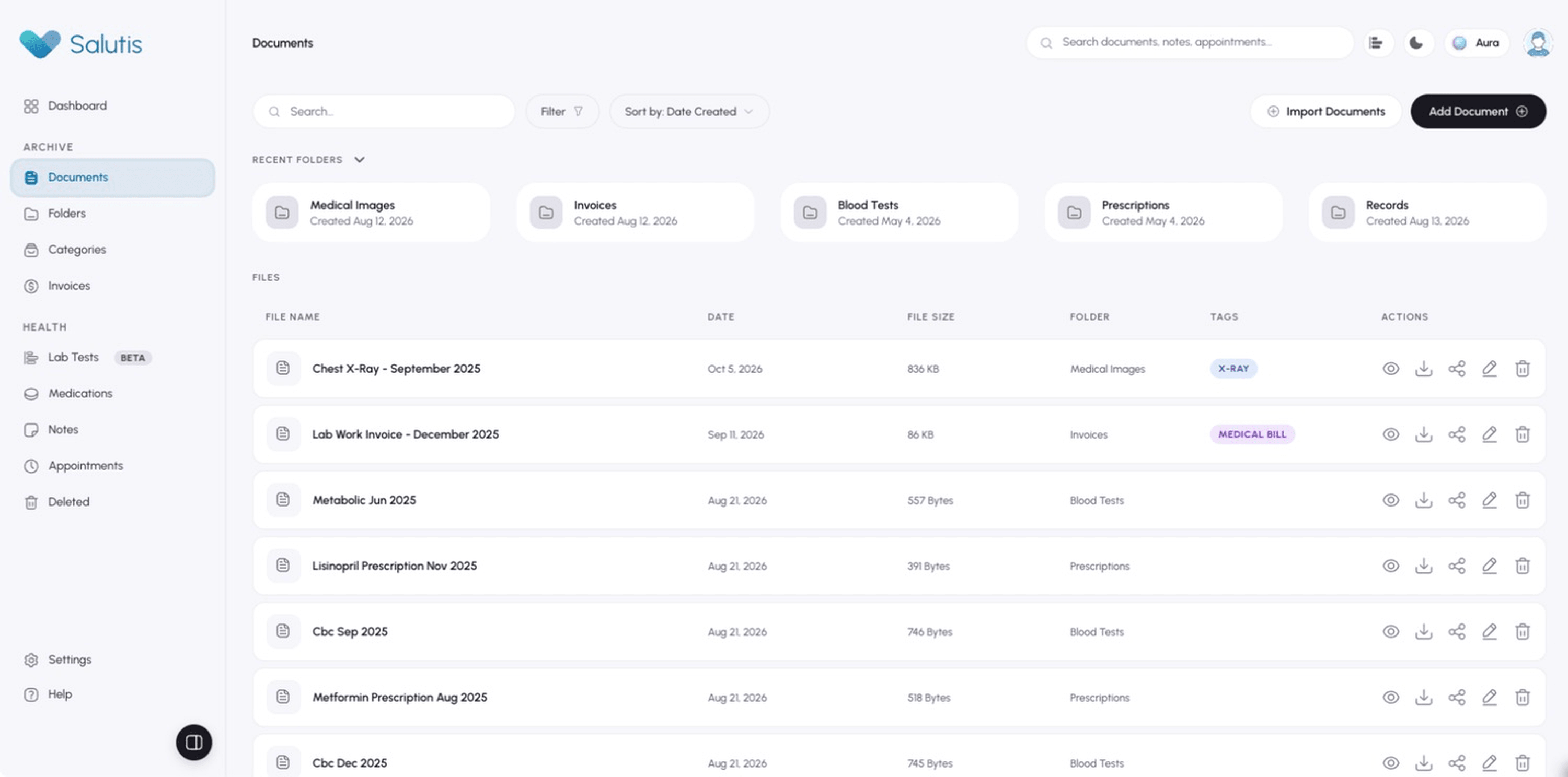 Updated documents archive with recent folders and a tagged, searchable health record list