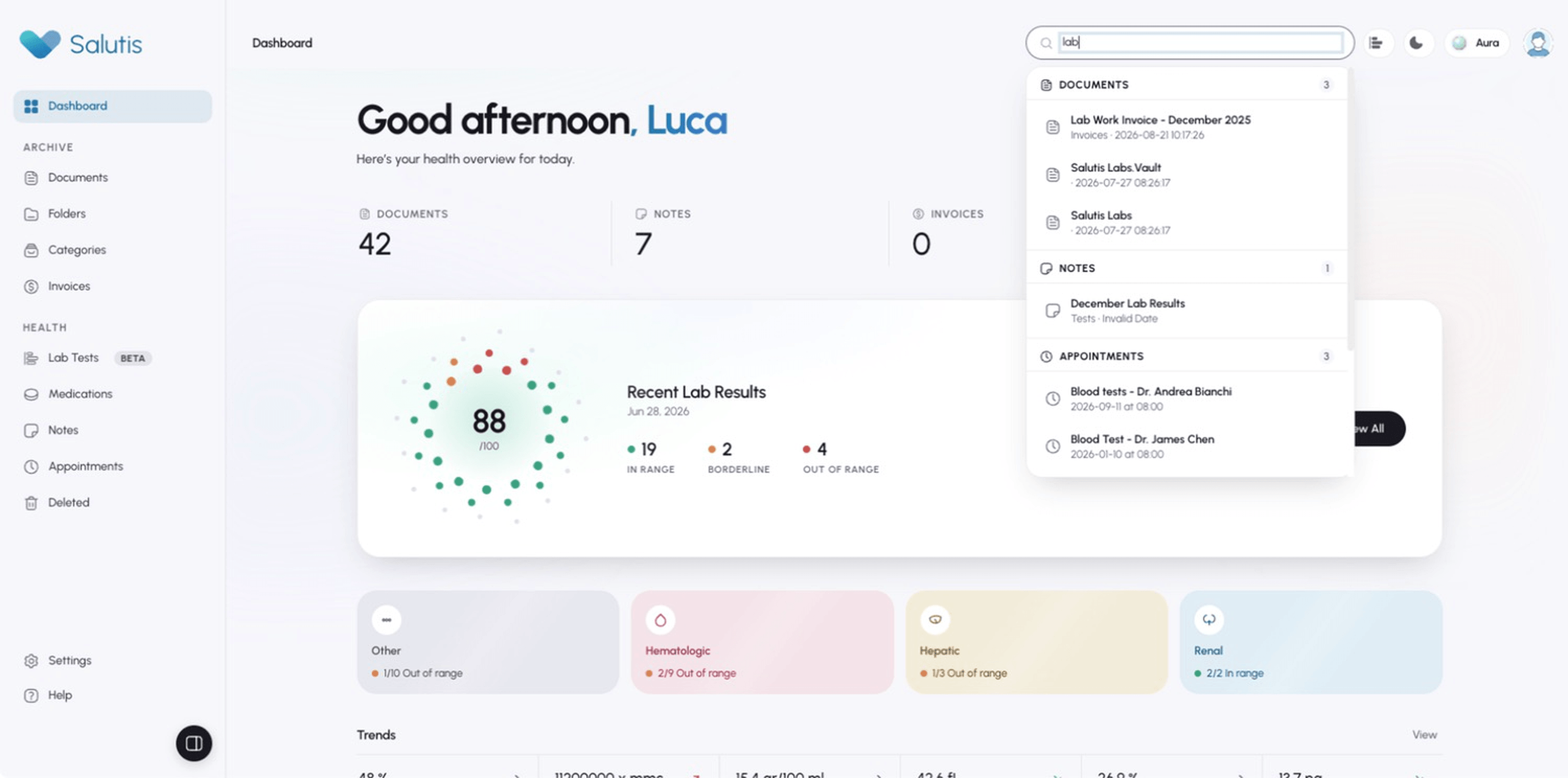 Updated universal search results grouped by documents, notes, appointments and lab tests for the query lab