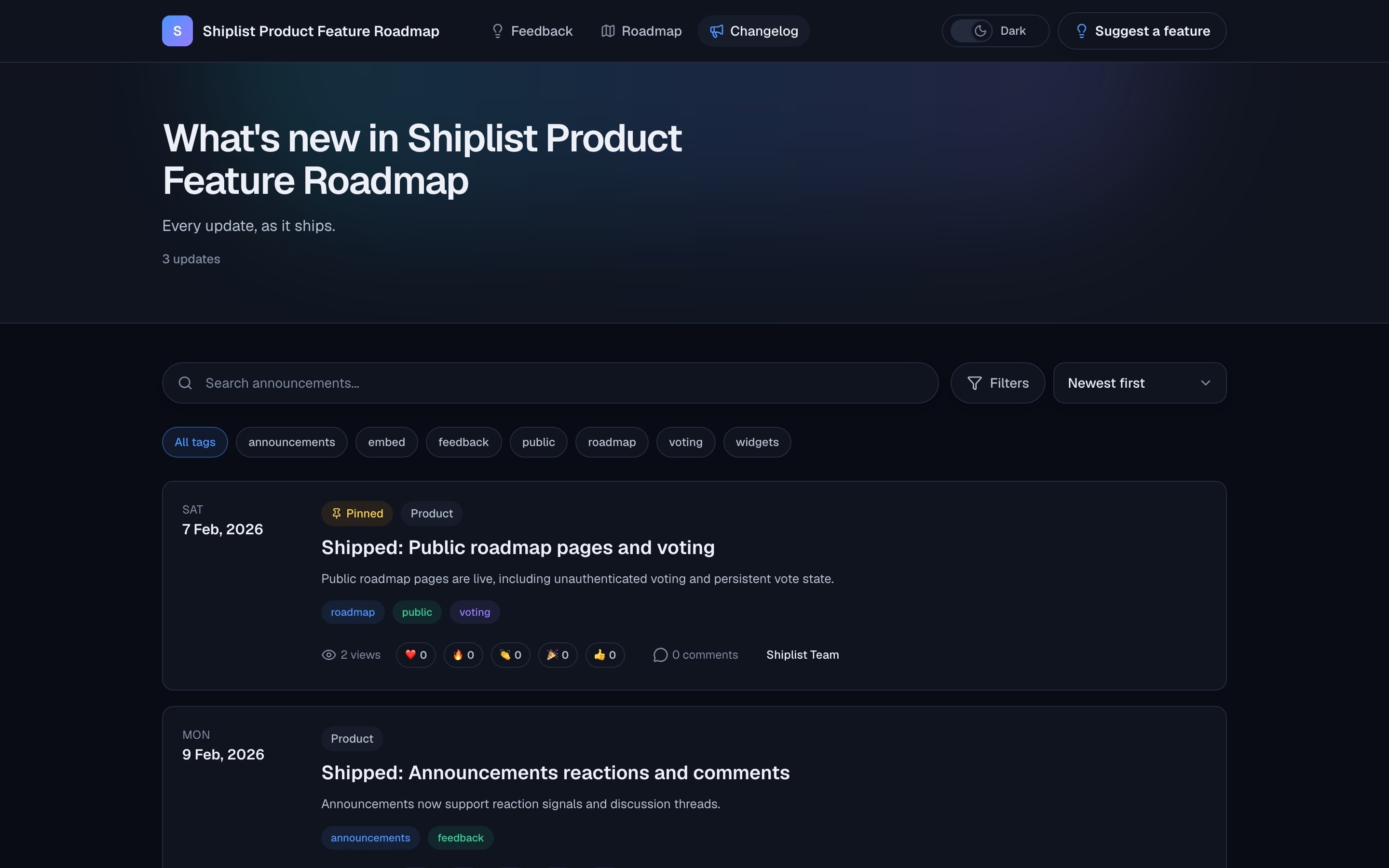 Public Shiplist changelog in the dark theme, with pinned shipped updates, tags, reactions and comments