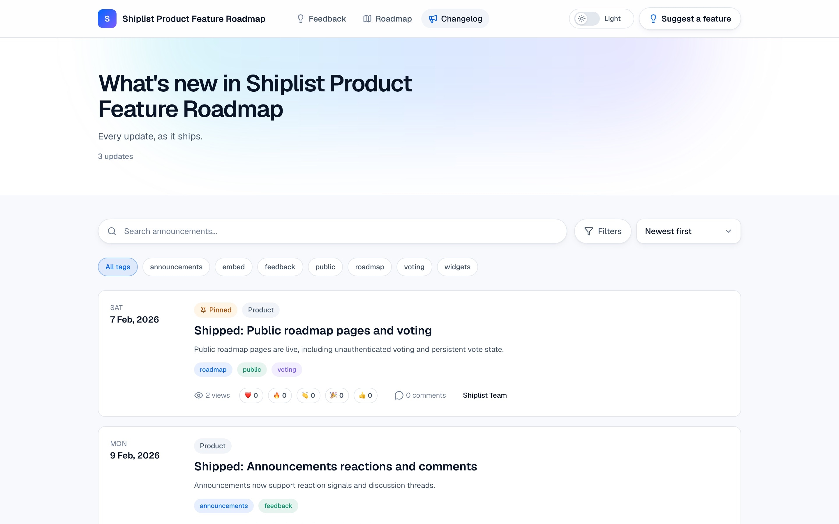 Public Shiplist changelog with published product updates and release details