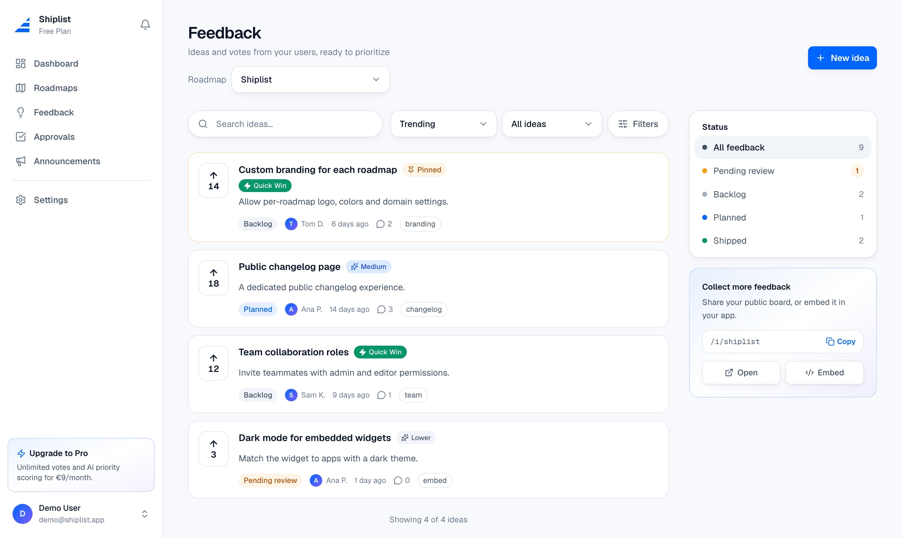 Shiplist feedback workspace in light mode