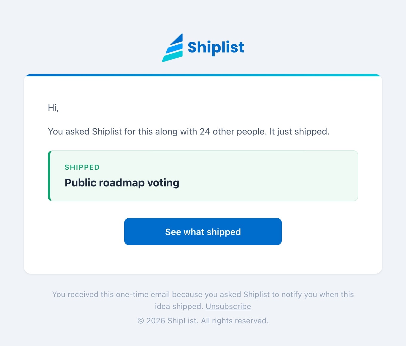 Shiplist email telling a subscriber that public roadmap voting has shipped, with a release link and unsubscribe option