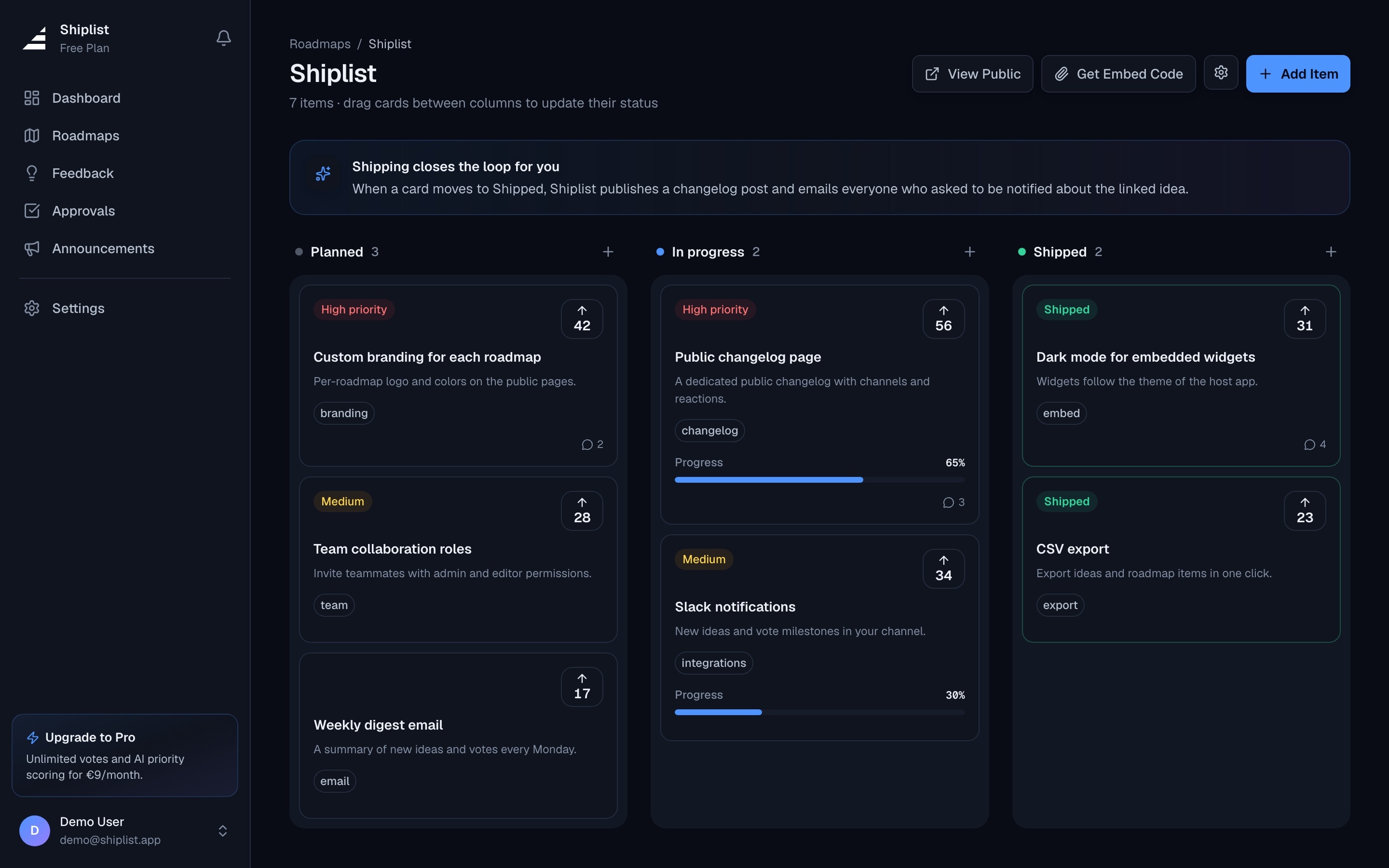 Internal roadmap with planned, in progress and shipped columns, priority labels and progress bars
