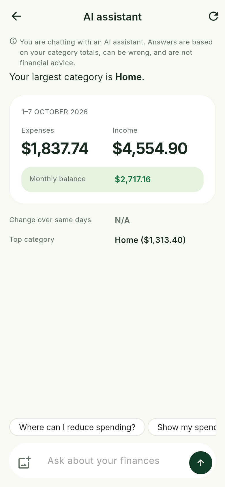 The redesigned Sumet AI assistant showing a monthly financial summary with expenses, income and balance