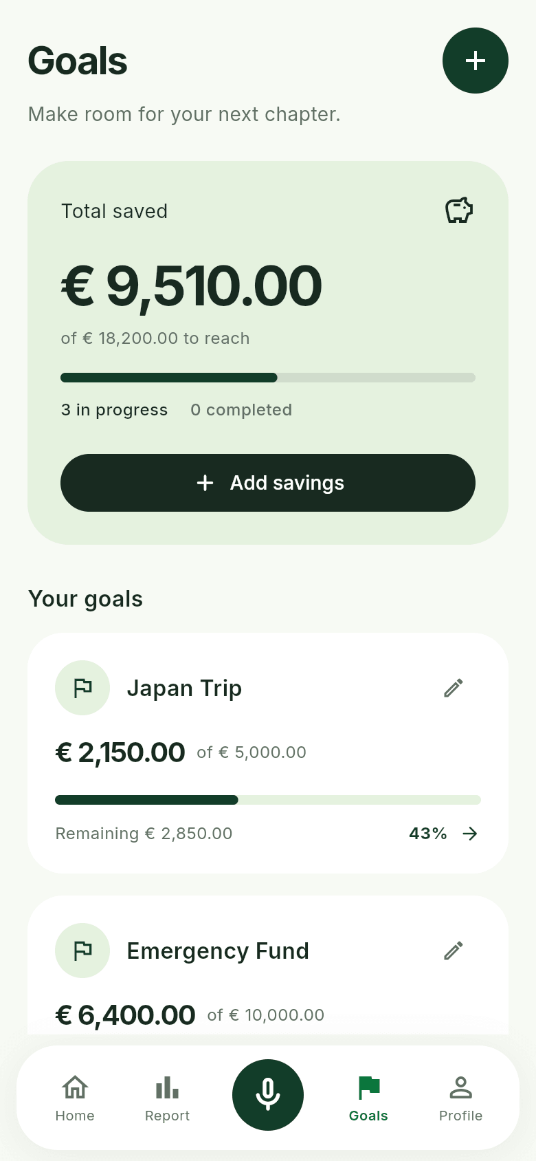 Sumet Goals with savings progress and individual goal cards