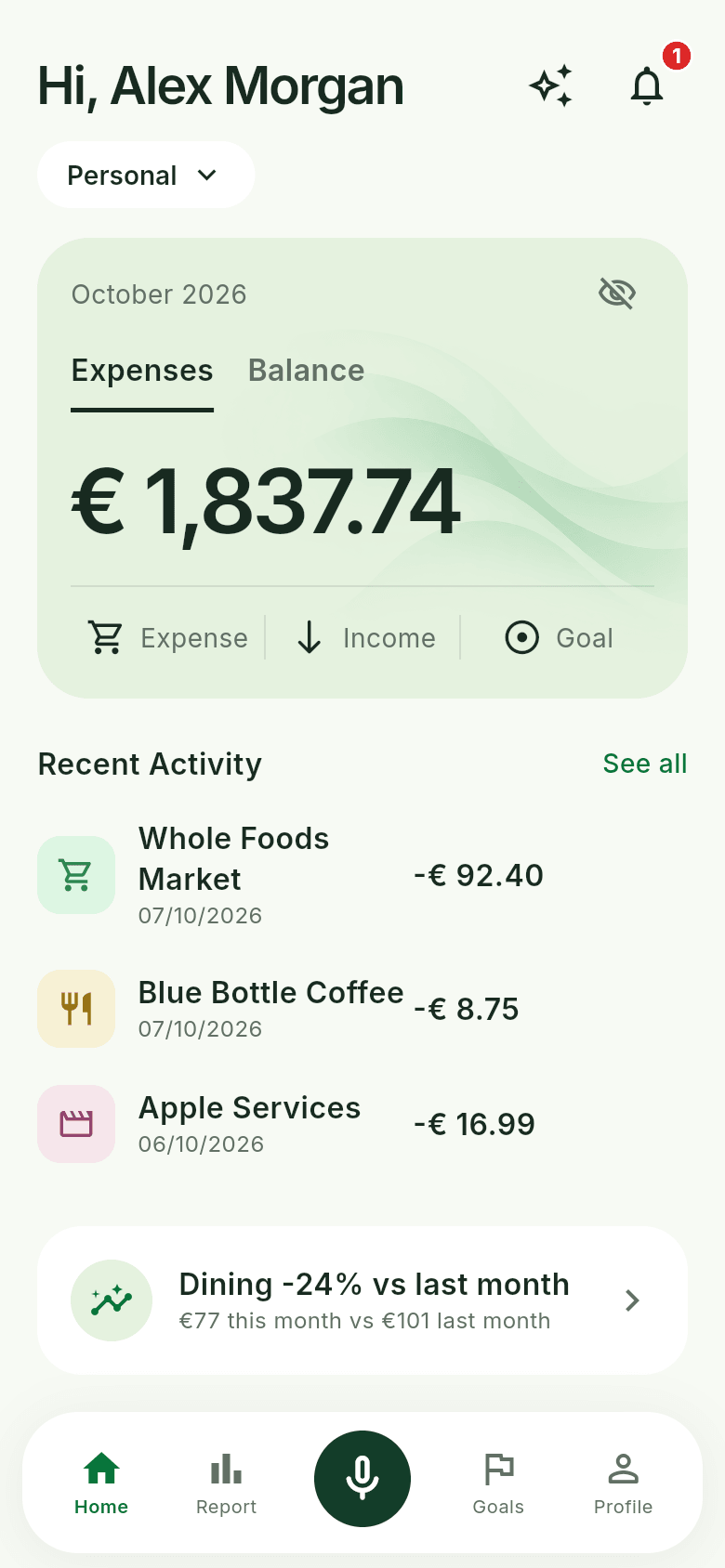 Sumet Home with a mint balance card, recent activity and floating navigation