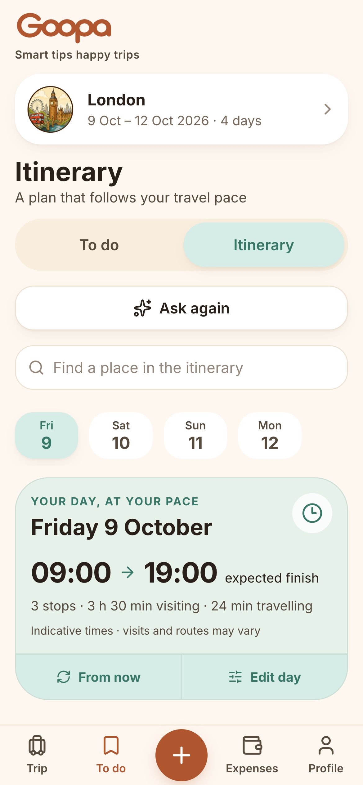 Goopa daily itinerary overview for a day in London