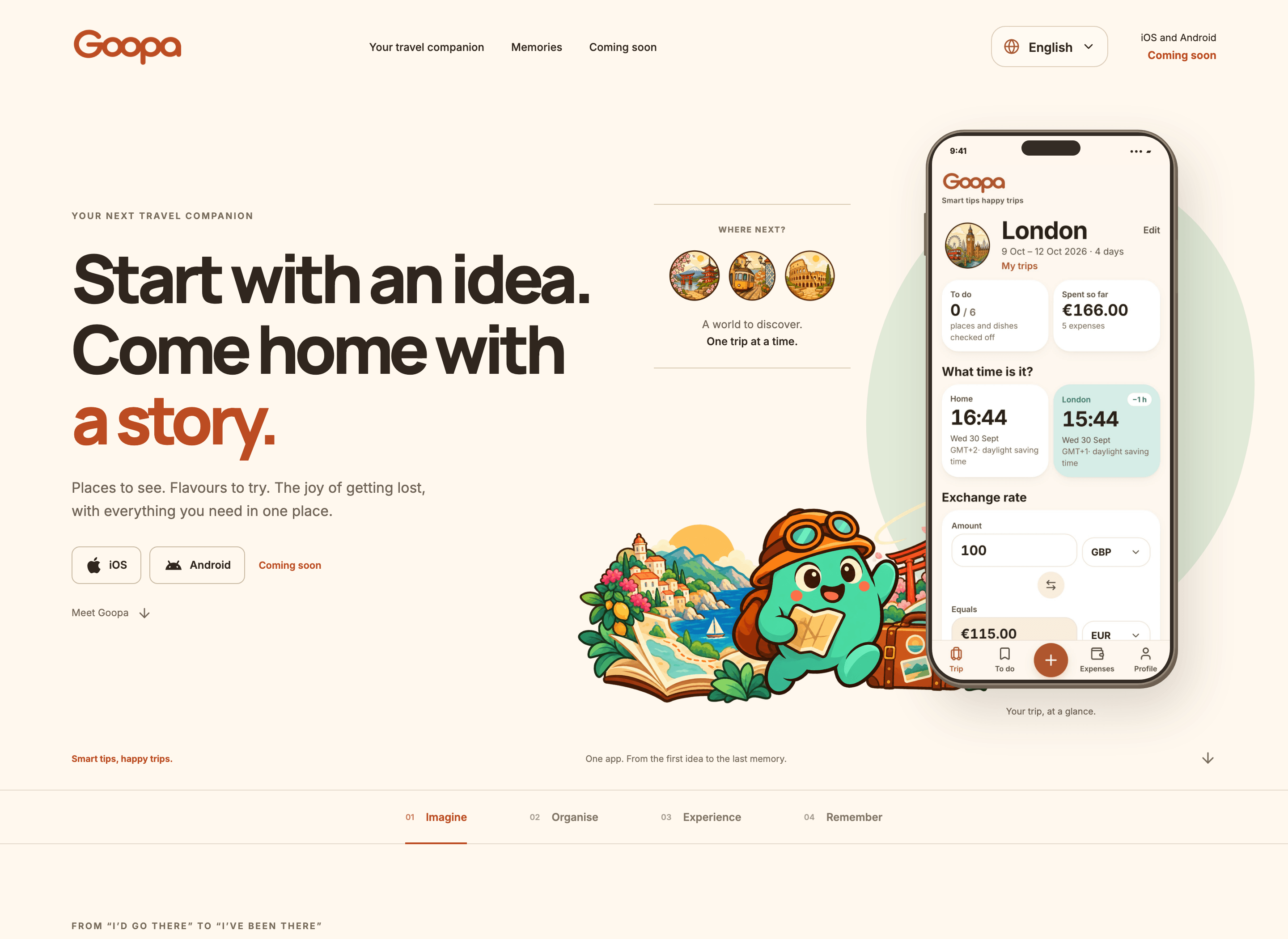 Goopa's English landing page pairing the travel promise with the actual app, illustrated destinations and the mascot