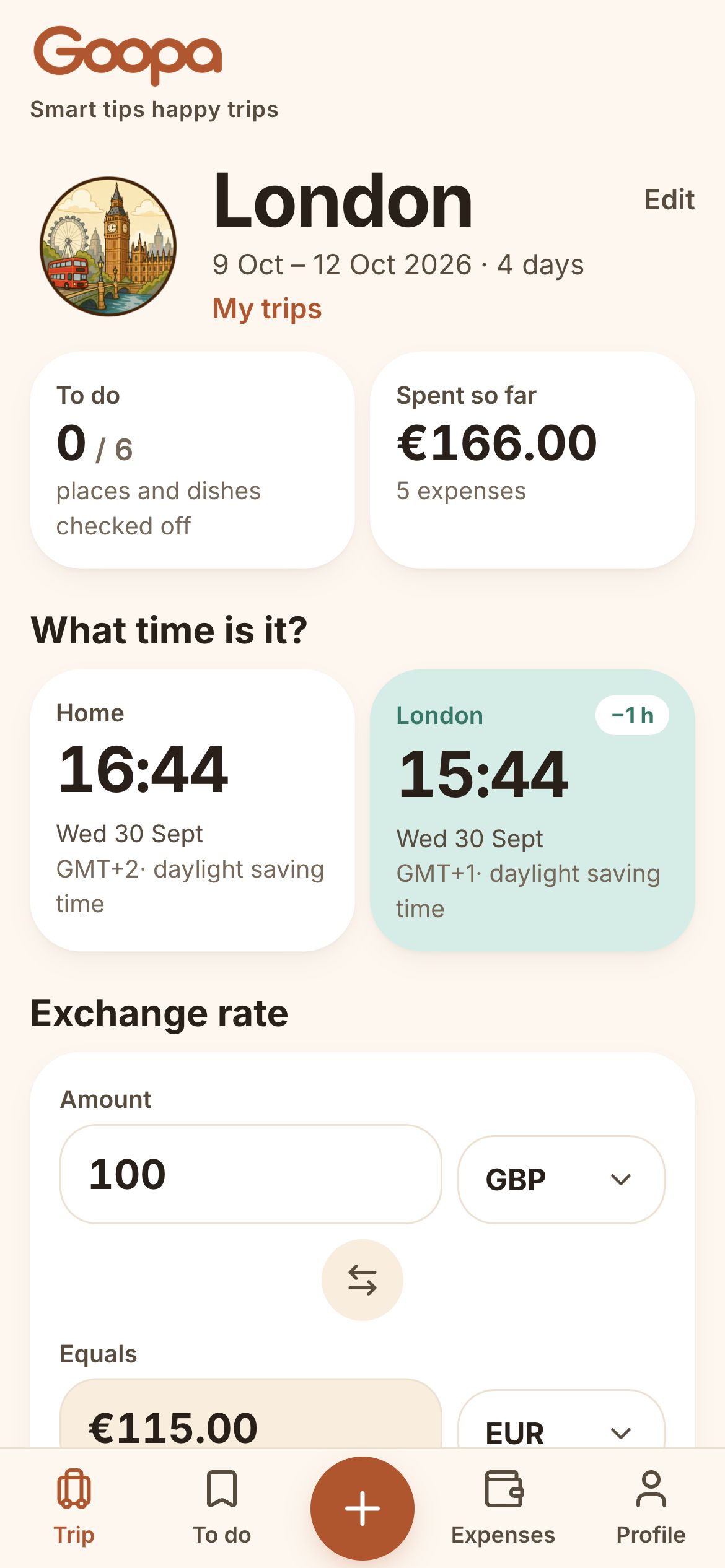 Goopa trip overview with time zones and currency conversion