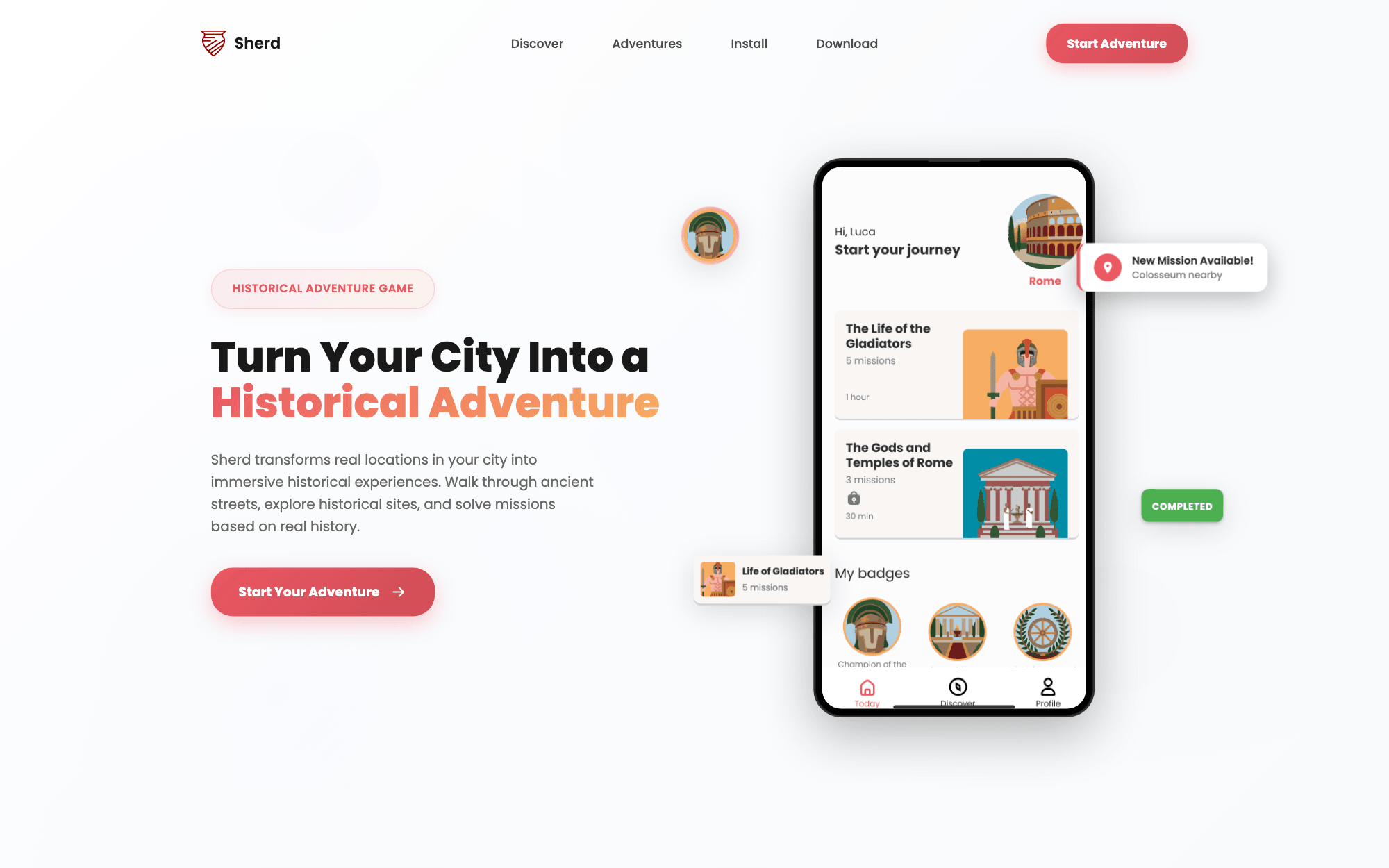 The Sherd landing with the live app: Rome adventures, a new mission alert near the Colosseum and earned badges