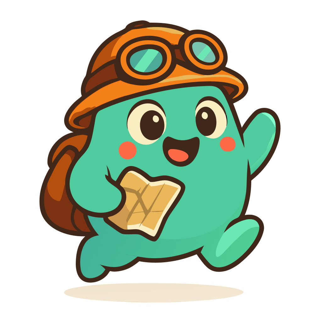 Goopa, a mint-coloured travel companion with an aviator hat, backpack and map