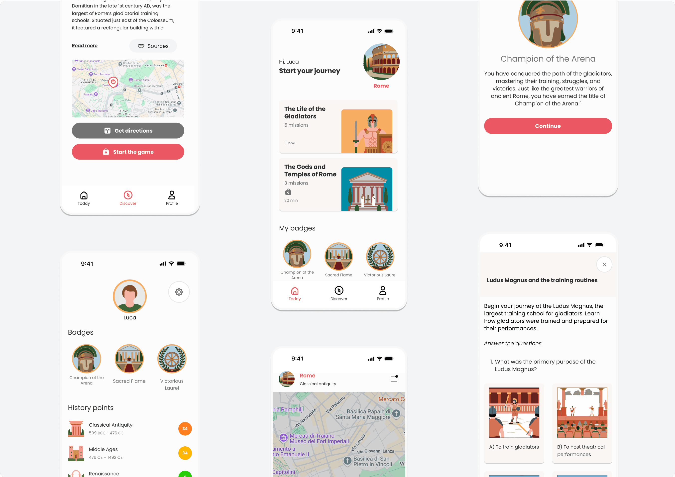 Sherd mobile screens showing Roman history missions, directions, earned badges and the player profile